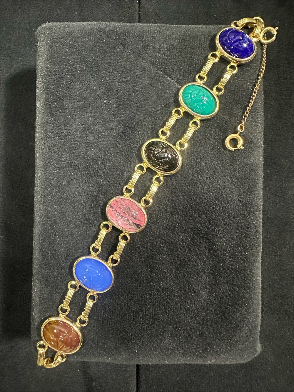 Vtg: Egyptian Revival Glass Scarab Panel/Link Bracelet